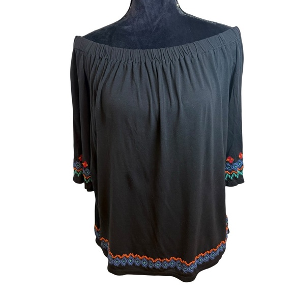 LOFT | Black Smocked Off-the-Shoulder 3/4 Sleeve Blouse | Sz M - Picture 1 of 6